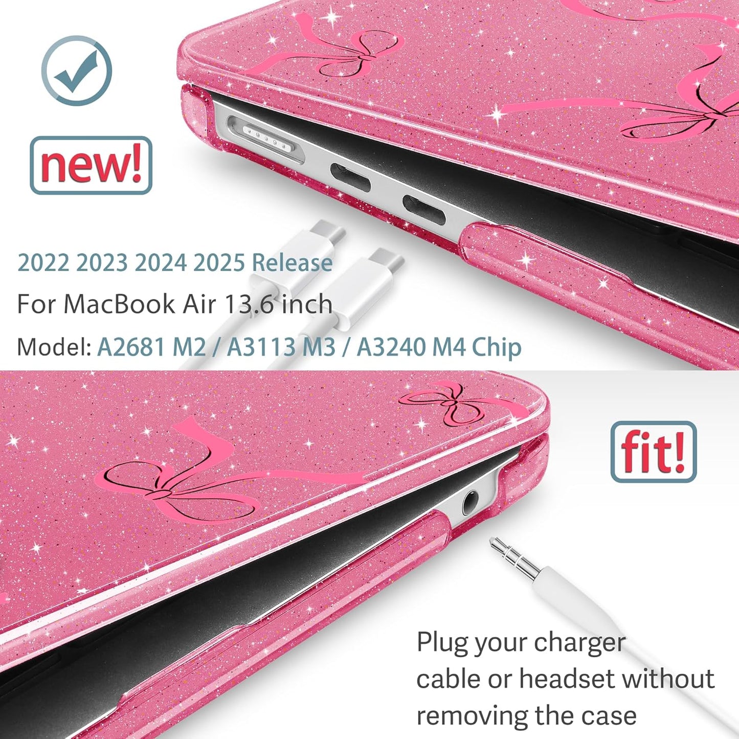 May Chen for MacBook Air 13.6 Inch Case 2025/2024/2023/2022 Release (Model A2681 A3113 A3240, M2 M3 M4 Chip) – Hard Shell Laptop Cover with Keyboard Cover & Screen Protector，Peach Bows