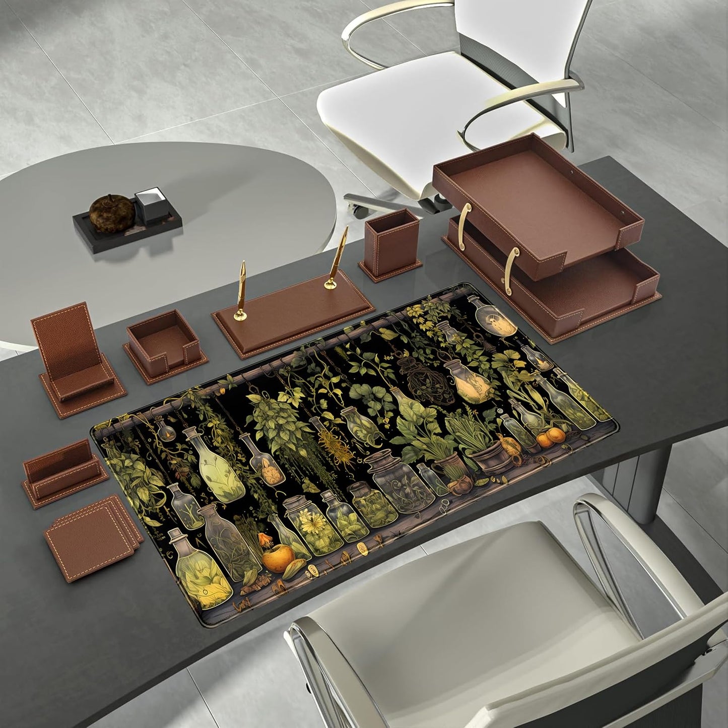 Desk Mat Green Plants Mouse Pad Gaming Mat Dark Keyboard Mat, Long Mouse Mat XXL Extended Desktop Mat Magical Bottles Computer Mats with Stitched Edges, Office Desk Accessory 31.5" x 15.7"