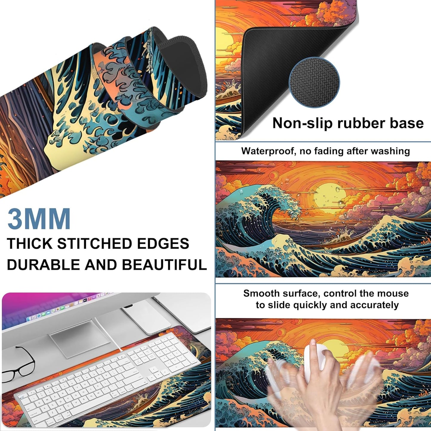 Gaming Desk Pad Large Extra Length Japanese Blue Waves Mouse Pad Keyboard Laptop Non-Slip Waterproof with Rubber Base Thick Stitched Edge Mouse Mat for Office Home 35.4 x 15.7 Inches