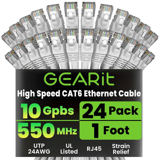 GEARit Cat 6 Ethernet Cable (24-Pack 1 Foot) Cat6 Network Patch, 10Gbps, RJ45, Snagless Cord, Gold-Plated Connectors, Internet for PC, TV, Tablet, Router, Printer, Servers, IT Data Center - White