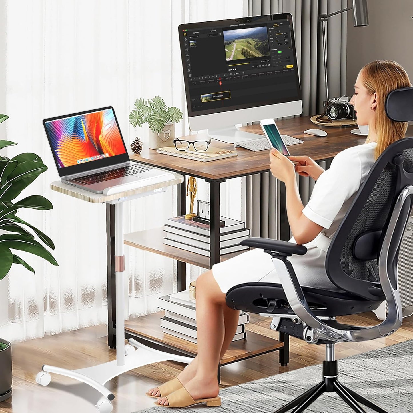 NAMON Laptop Floor Stand with Wheels - 2 in 1 Dual-use Floor & Desk, Adjustable Height from 16.5" to 51", Perfect for Home, Office, Meeting Room, Study (White Ash Effect)