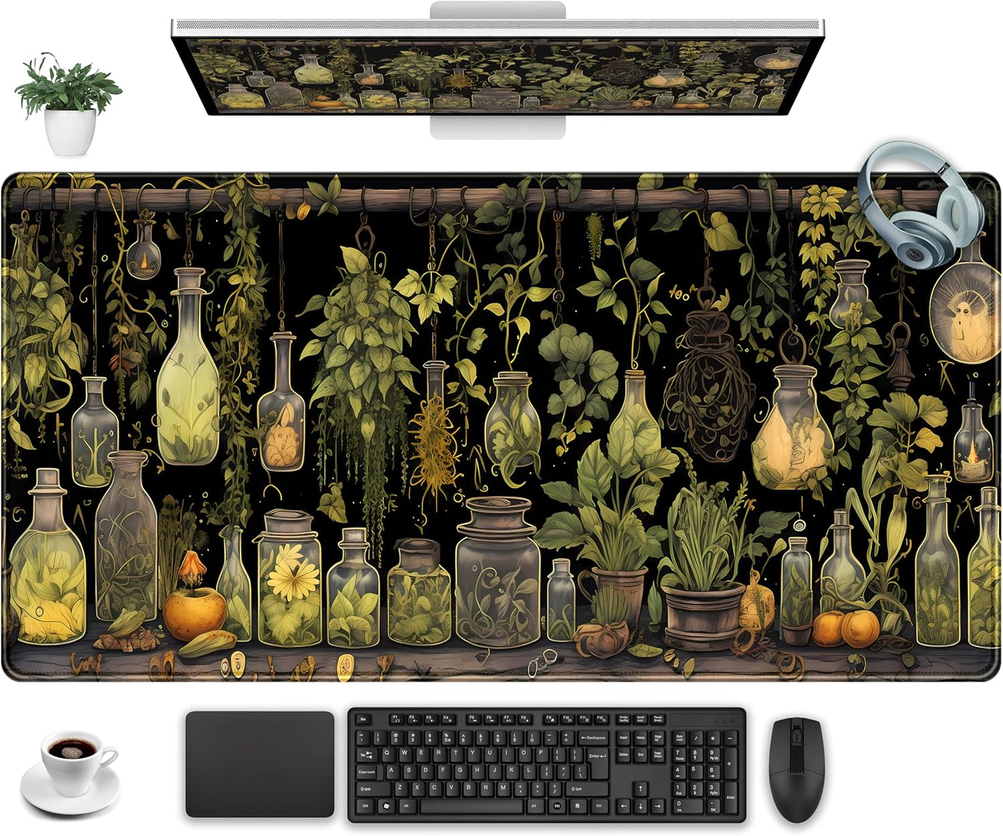 Desk Mat Green Plants Mouse Pad Gaming Mat Dark Keyboard Mat, Long Mouse Mat XXL Extended Desktop Mat Magical Bottles Computer Mats with Stitched Edges, Office Desk Accessory 31.5" x 15.7"