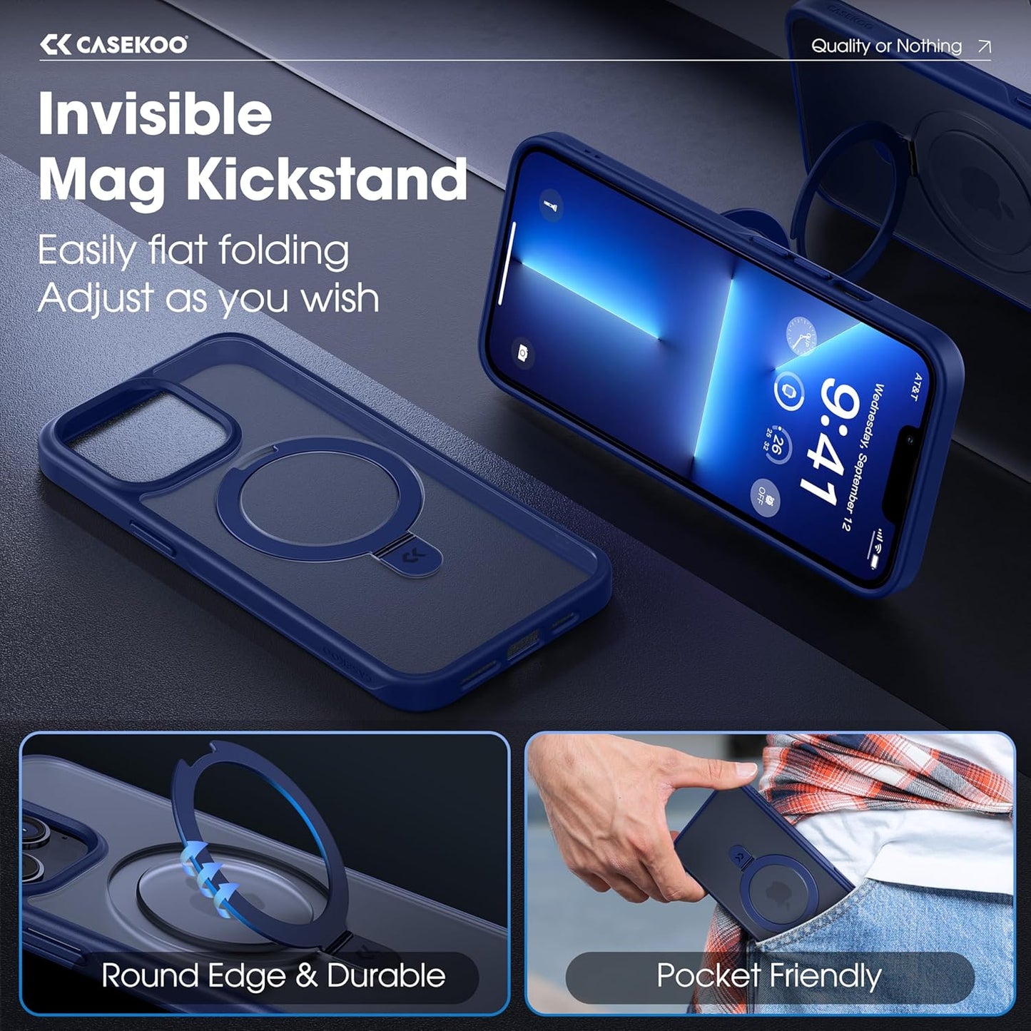 CASEKOO Designed for iPhone 13 Pro Max Case with Magnetic Invisible Stand [Military Drop Protection] [Compatible with MagSafe] Shockproof Translucent Matte Slim Promax Phone Cover 6.7", Blue