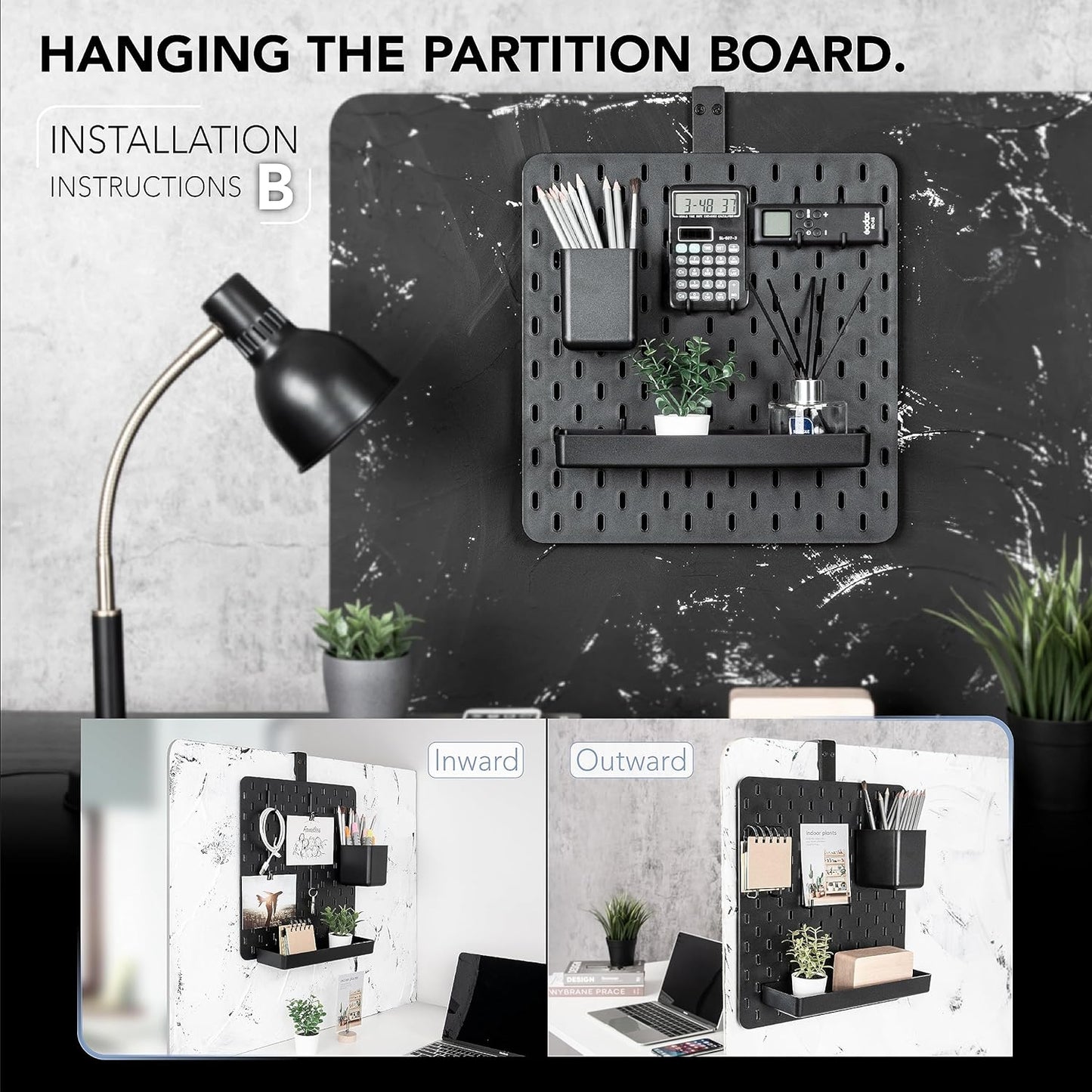 EHO Clamp-On Desk Pegboard, 13.5 x 14 inch Privacy Divider, Desk Partition Panel, No-Drill Desk Mounted Organizer, Combination Peg Board for Office, Gaming, Home, Plants, Black