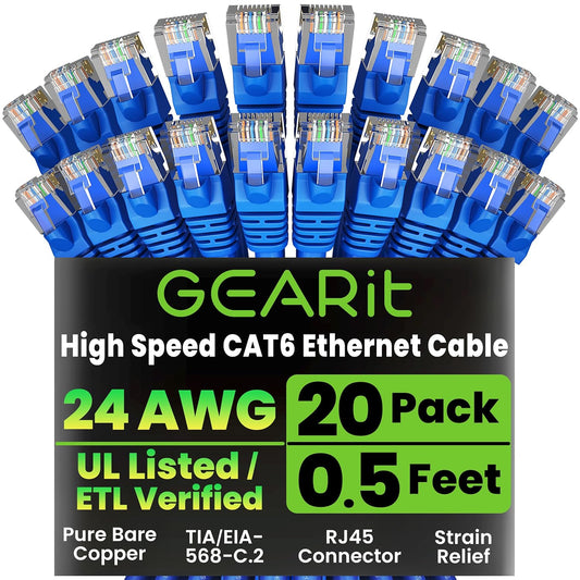 GearIT Cat 6 Ethernet Cable Pack - 20-Pack 0.5 ft Cat6 Ethernet Patch Cables | RJ45 Network Patch Cable, 10 Gbps Snagless Gold-Plated Connectors - Ethernet Cable Cat 6 for PC, TV, Router - Blue