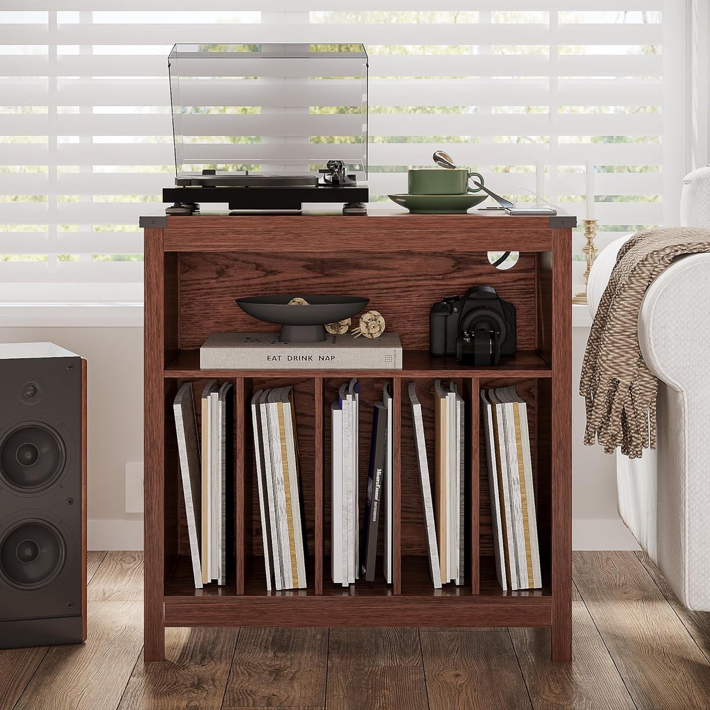 ChooChoo Large Record Player Stand with Charging Station & LED Light, Vinyl Record Holder hold up to 300 Albums, Farmhouse End Table for Bedroom, Living Room, Walnut