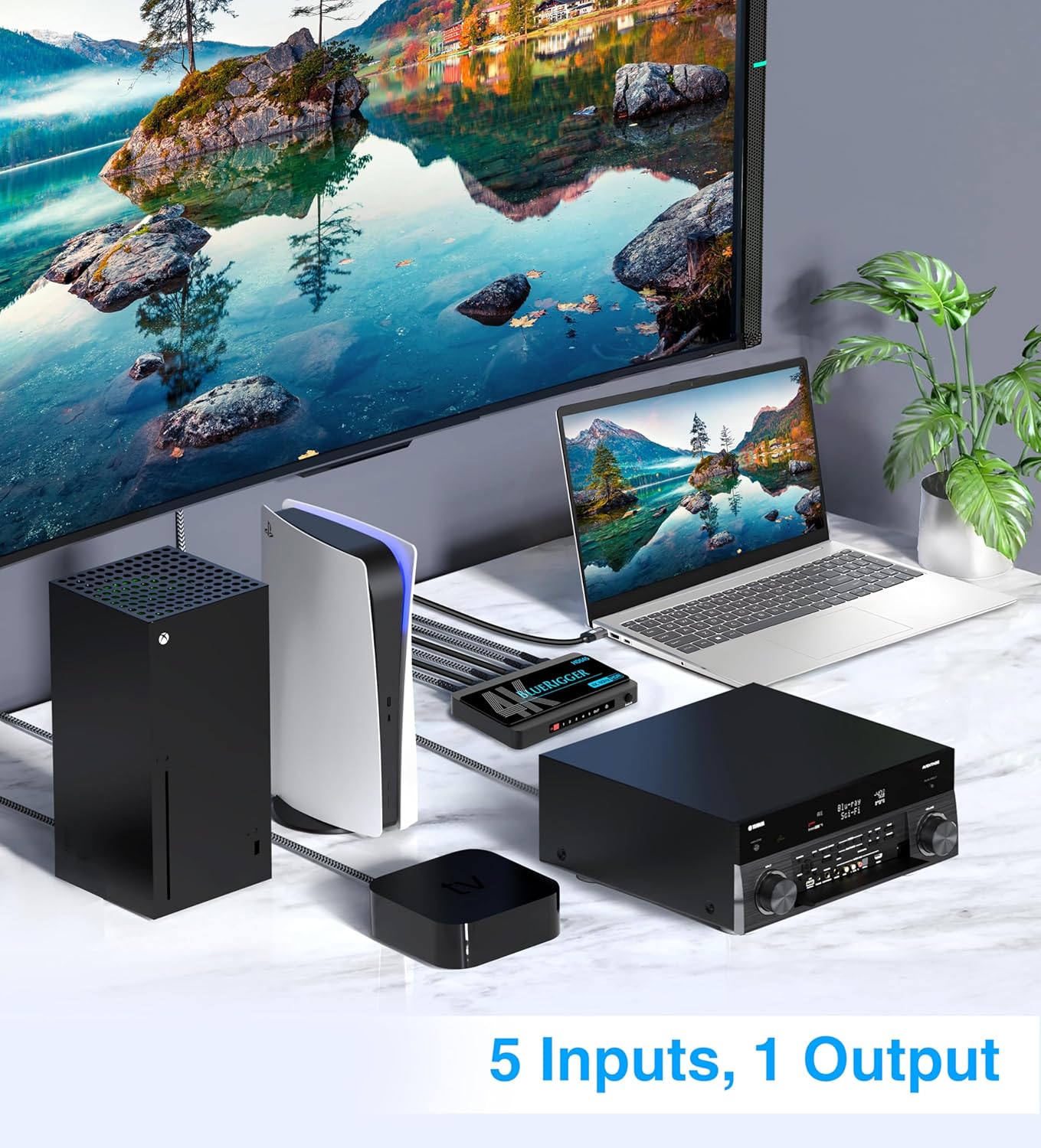 BlueRigger 4K HDMI Switch 5 in 1 Out (4K 60Hz, 5 Port Video Switcher, HDMI Hub, HDR10+, 18Gbps, Selector Box with IR Remote) – Compatible with HDTV, PS5, Xbox, Apple TV, Projector, Blu-Ray