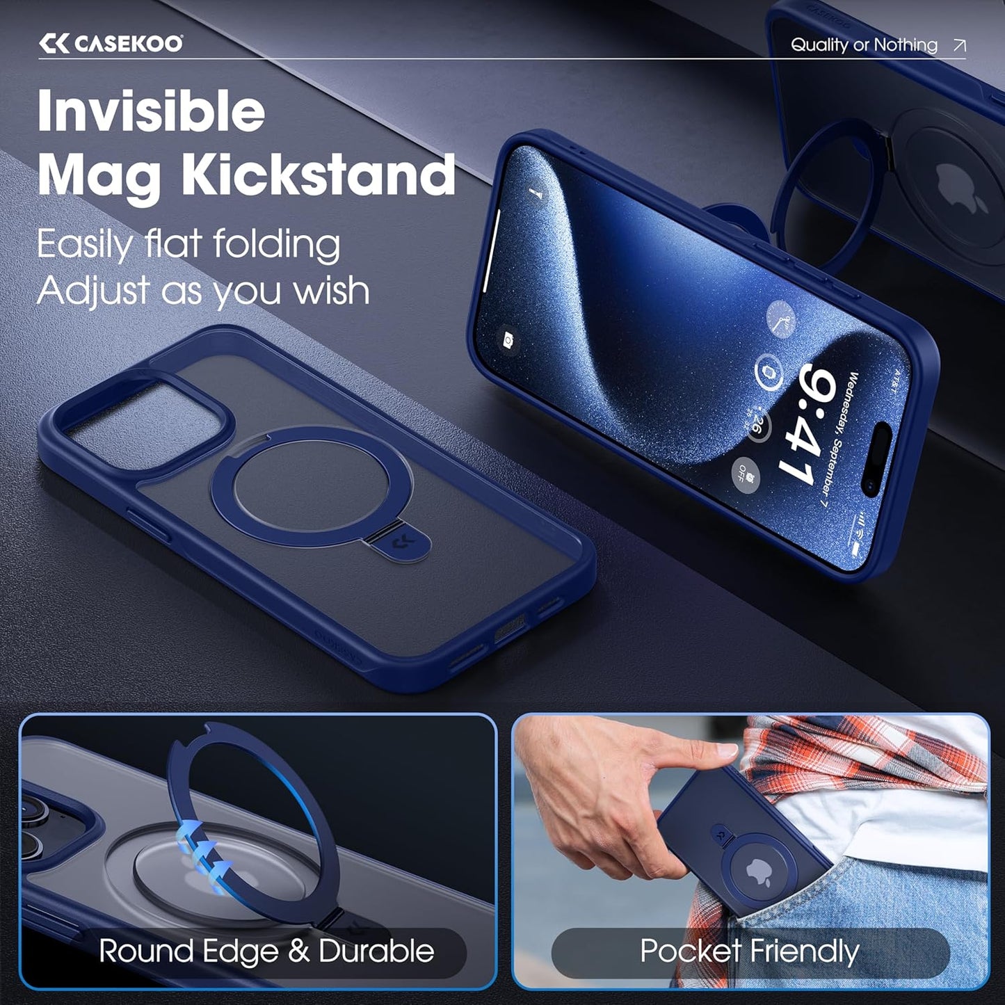 CASEKOO Designed for iPhone 15 Pro Max Case with Magnetic Invisible Stand [Military Drop Protection] [Compatible with MagSafe] Shockproof Slim Translucent Matte Promax Case 6.7 Inch, Blue