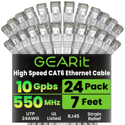 GEARit Cat 6 Ethernet Cable (24-Pack 7 Feet) Cat6 Network Patch, 10Gbps, RJ45, Snagless Cord, Gold-Plated Connectors, Internet for PC, TV, Tablet, Router, Printer, Servers, IT Data Center - White
