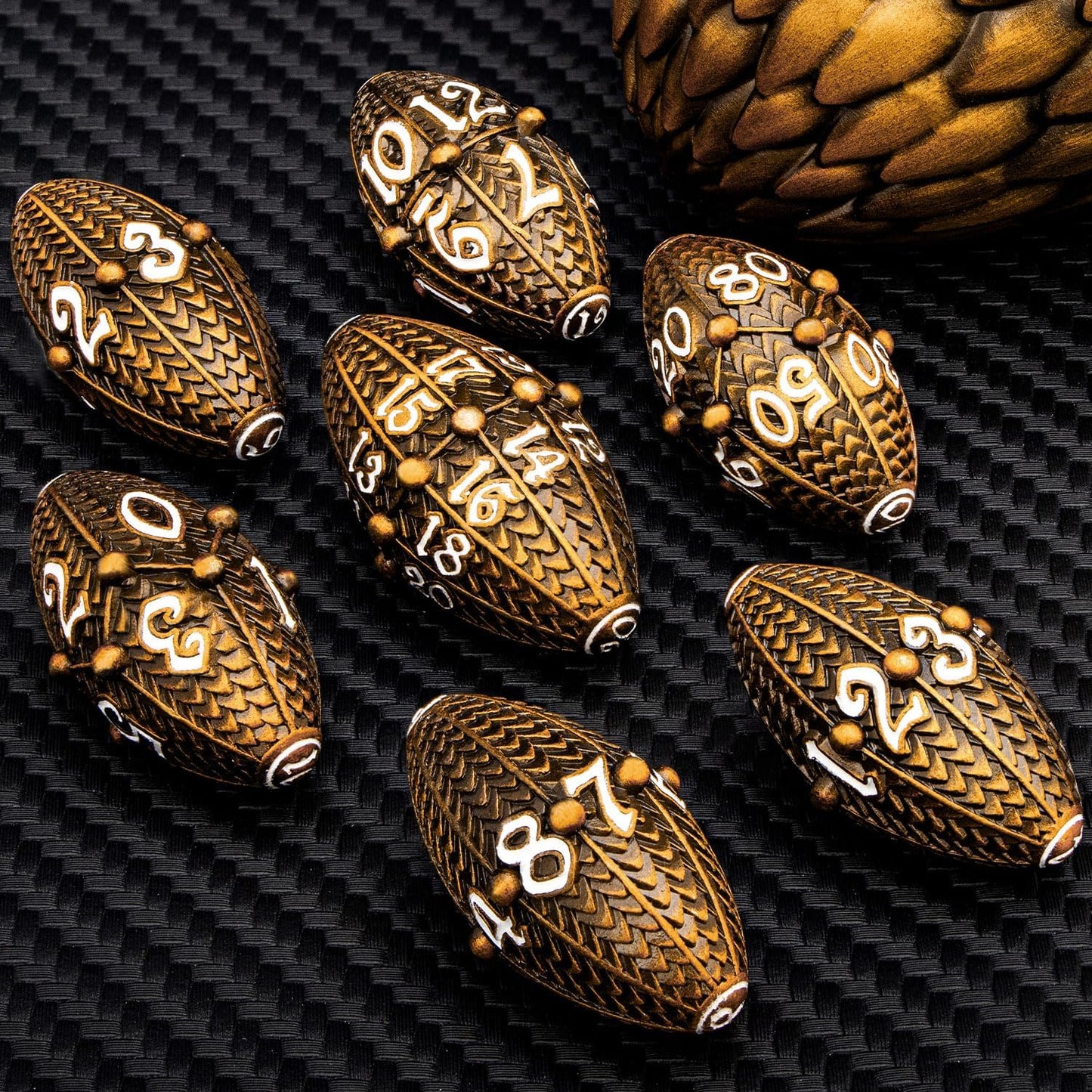 ARUOHHA DND Metal Dice Antique Gold Dragon Egg Dice with Rotating Dragon Egg Shell, Role Playing Game RPG Polyhedral D and D Dice Set D20 D12 D10 D8 D6 D4