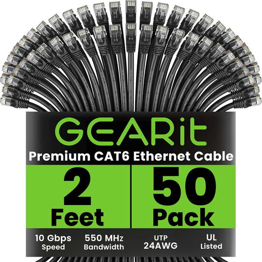 GEARit Cat 6 Ethernet Cable (50-Pack 2 Feet) Cat6 Network Patch, 10Gbps, RJ45, Snagless Cord, Gold-Plated Connectors, Internet for PC, TV, Tablet, Router, Printer, Servers, IT Data Center - Black