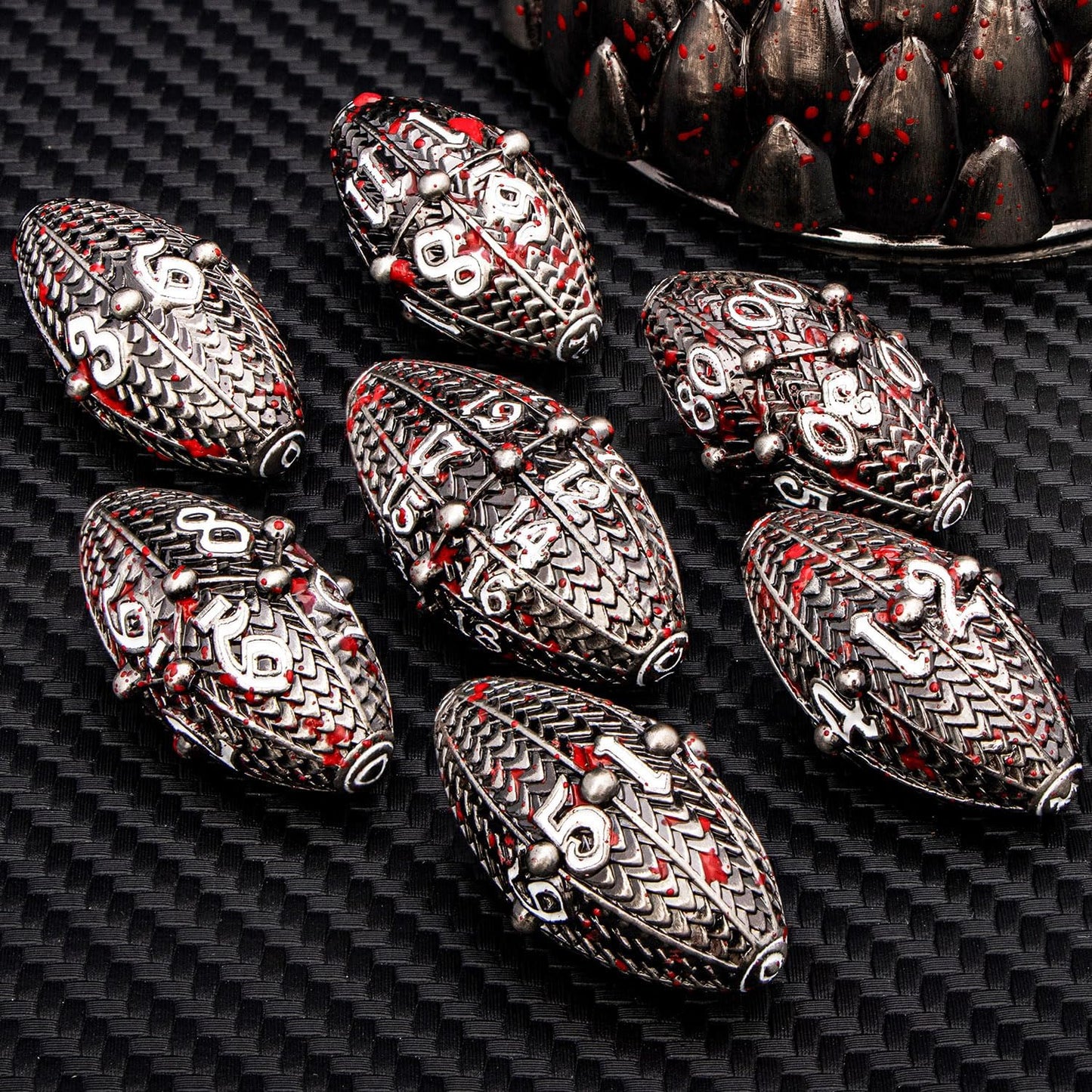 ARUOHHA DND Metal Dice Blood Splatter Dragon Egg Dice with Rotating Dragon Egg Shell, Role Playing Game RPG Polyhedral D and D Dice Set D20 D12 D10 D8 D6 D4