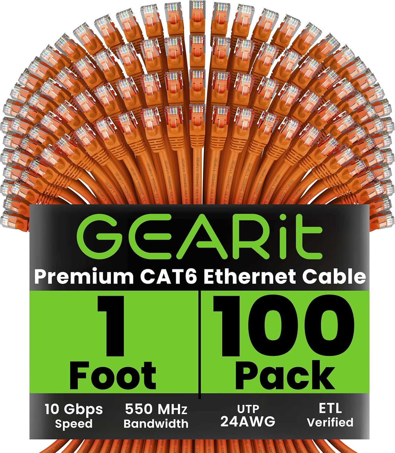 GEARit Cat 6 Ethernet Cable (100-Pack 1 Foot) Cat6 Network Patch, 10Gbps, RJ45, Snagless Cord, Gold-Plated Connectors, Internet for PC, TV, Tablet, Router, Printer, Servers, IT Data Center - Orange