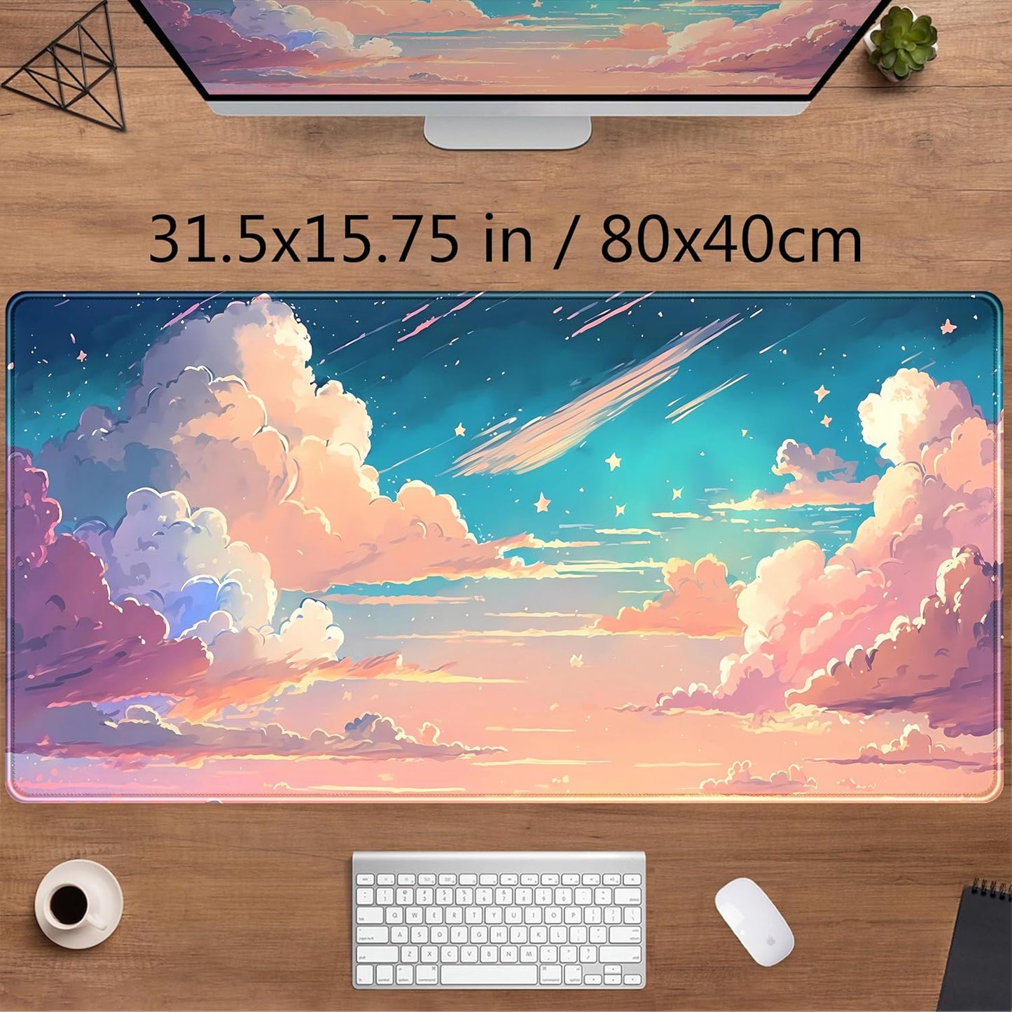 Cool Pink Desk Mat Pastel Clouds Large XXL Gaming Mouse Pad Non-Slip Rubber Base Mousepad, Office Desktop Decor Desk Pad, Computer Laptop Keyboard and Mouse Mat with Stitched Edges, 31.5x15.75 in