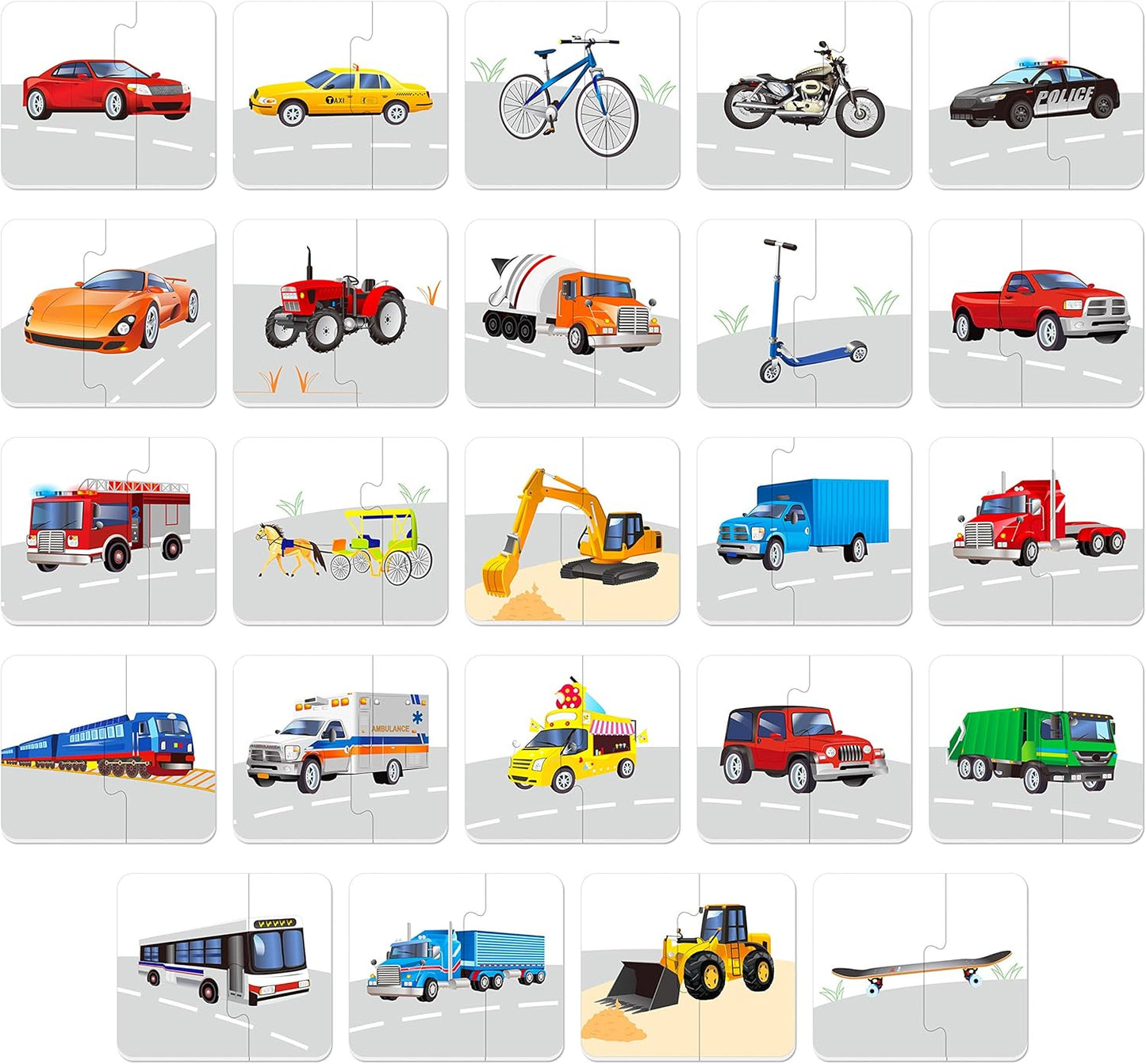 48 Vehicle Matching Puzzles with Error-Correction Mechanism Pre-Primer in 2 Pieces, Perfect for Preschool Learning (24 Blocks Double Sided)