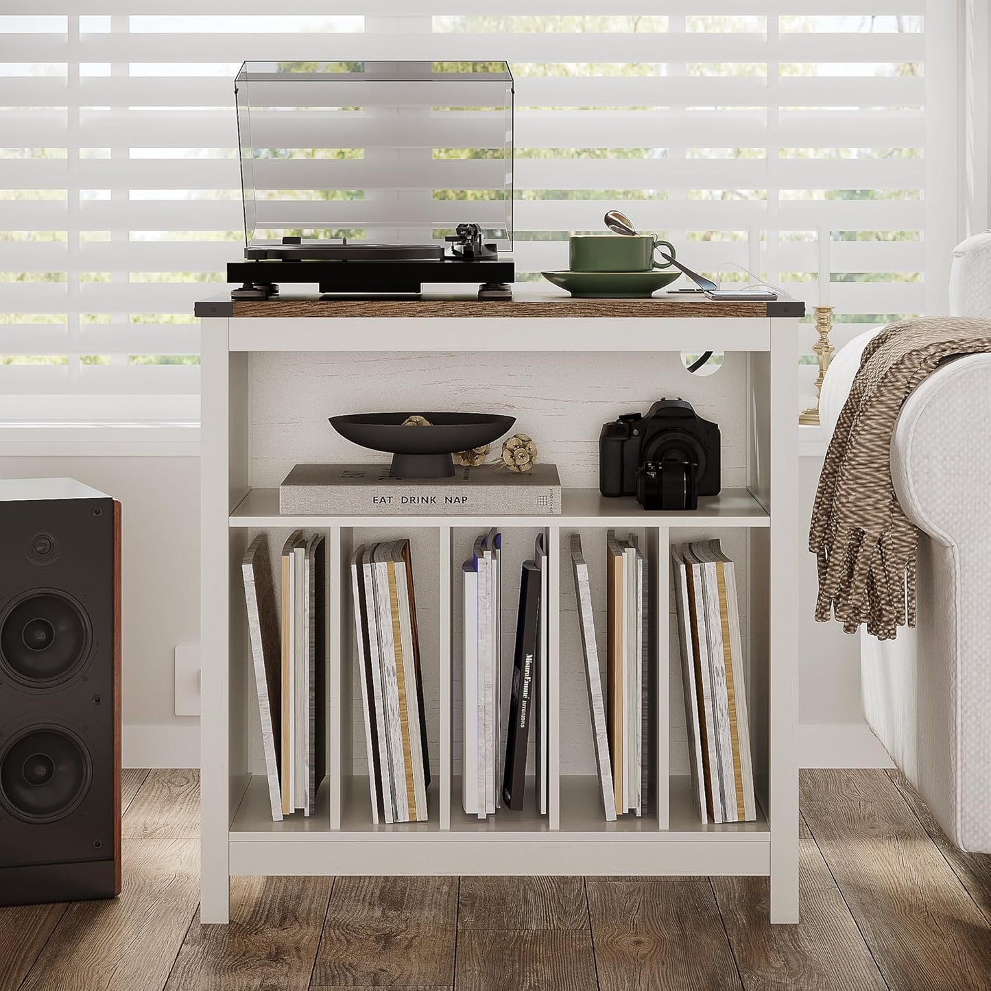 ChooChoo Large Record Player Stand with Charging Station & LED Light, Vinyl Record Holder hold up to 300 Albums, Farmhouse End Table for Bedroom, Living Room, Soft White