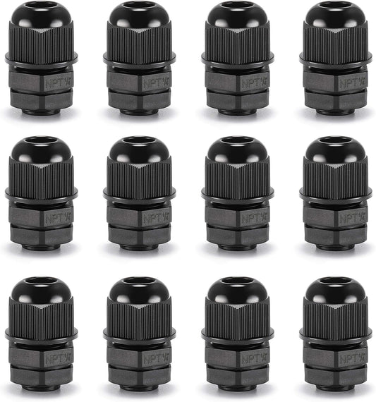 QILIPSU 12pcs 1/4" NPT Cable Gland Waterproof IP68 Nylon Cable Pass Through Cord Grip Connector Strain Relief Wire Grommet