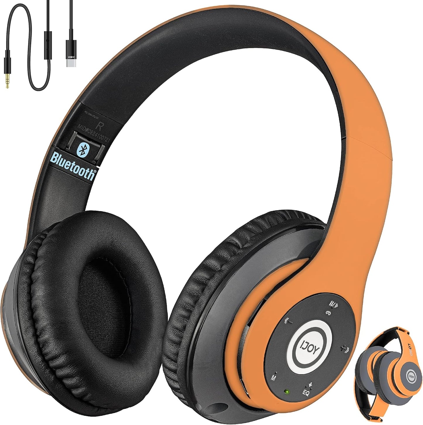 iJoy Bluetooth Headphones Over Ear, Wireless and Wired Foldable Headset Built-in Microphone, FM, Micro SD Card Slot - (Orange) Adults Kids Men Women