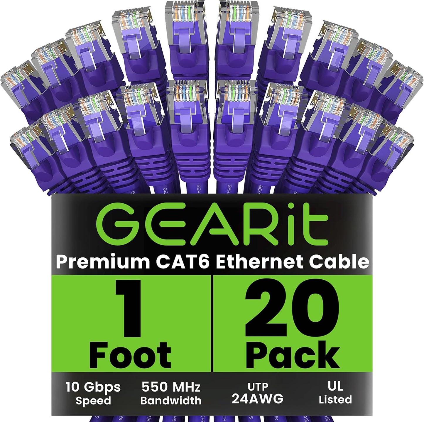 GearIT Cat 6 Ethernet Cable (20-Pack 1 Foot) Cat6 Network Patch, 10Gbps, RJ45, Snagless Cord, Gold-Plated Connectors, Internet for PC, TV, Tablet, Router, Printer, Servers, IT Data Center - Purple