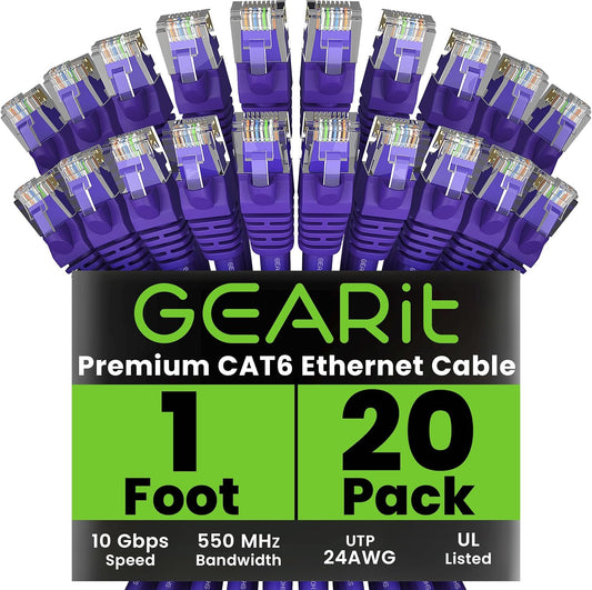 GearIT Cat 6 Ethernet Cable (20-Pack 1 Foot) Cat6 Network Patch, 10Gbps, RJ45, Snagless Cord, Gold-Plated Connectors, Internet for PC, TV, Tablet, Router, Printer, Servers, IT Data Center - Purple