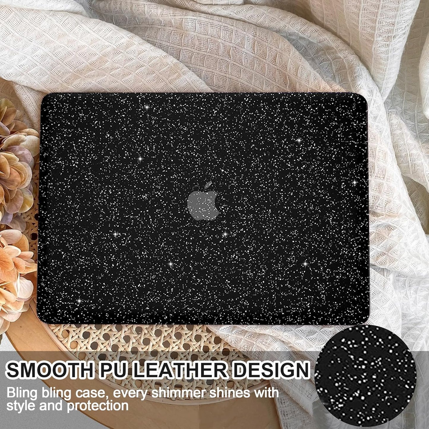 Compatible with MacBook Air 13 inch Case 2021 2020 2019 2018 A2337 M1 A2179 A1932 Touch ID, Glitter Smooth Leather Hard Shell + Keyboard Cover for MacBook Air 13.3 inch Case, Shining Black