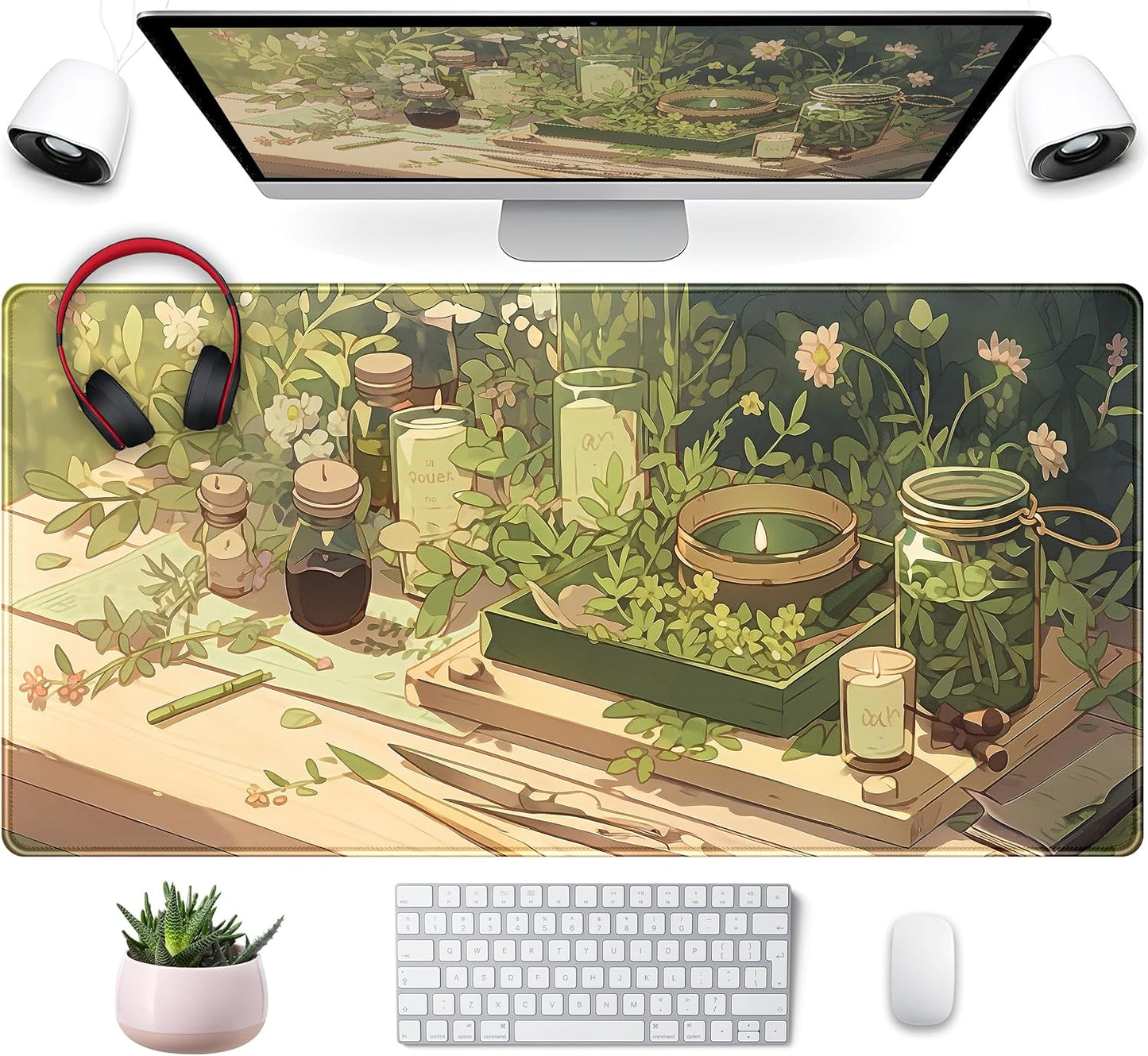 Cute Desk Mat Green Sage Mouse Pad Anime Forest XXL Large Extended Gaming Mousepad Desk Matt for Desktop Computer Pad Mat, Laptop Keyboard Mouse Mat Office Decor Accessories for Women, 31.5x15.7 in