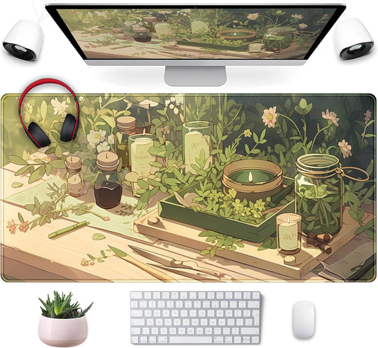 Cute Desk Mat Green Sage Mouse Pad Anime Forest XXL Large Extended Gaming Mousepad Desk Matt for Desktop Computer Pad Mat, Laptop Keyboard Mouse Mat Office Decor Accessories for Women, 31.5x15.7 in