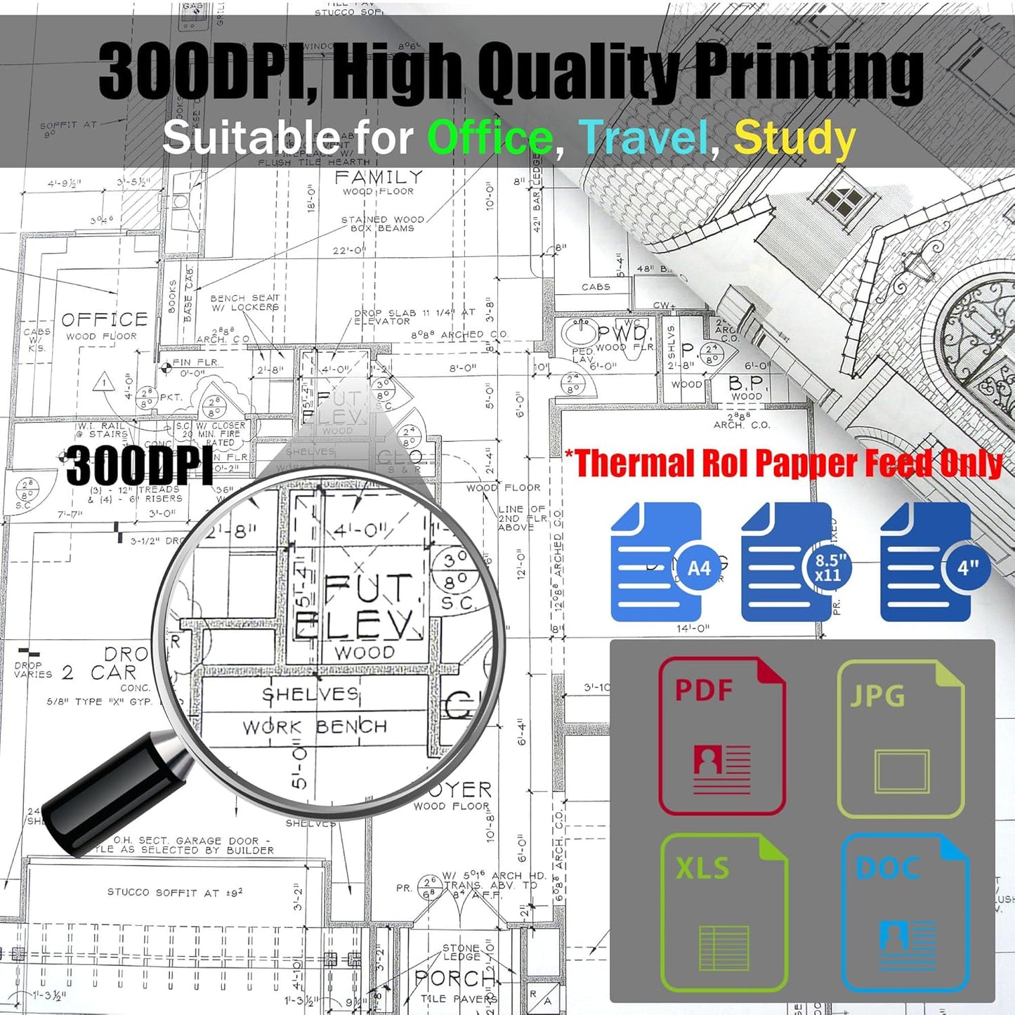 Inkless Portable Printer for Travel, Wireless Thermal Printer Support 8.5 x 11 inch A4/ US Letter, Bluetooth Compatible with Android/iOS Smartphone for Home Use (Grey)