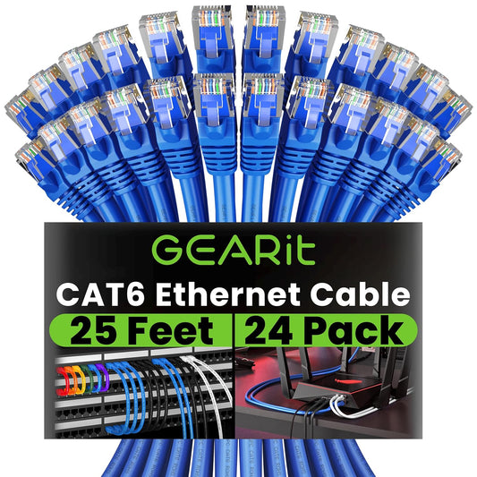 GEARit Cat 6 Ethernet Cable Pack - 24-Pack 25 ft Cat6 Ethernet Patch Cables | RJ45 Network Patch Cable, 10 Gbps Snagless Gold-Plated Connectors - Ethernet Cable Cat 6 for PC, TV, Router - Blue
