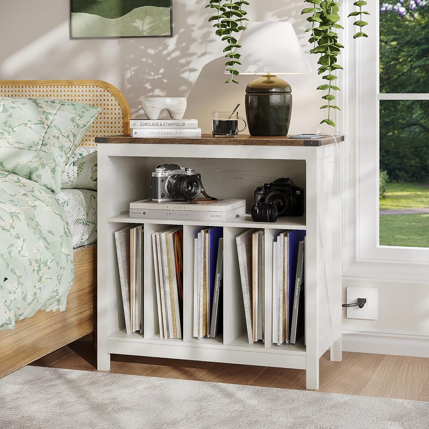 ChooChoo Large Record Player Stand with Charging Station & LED Light, Vinyl Record Holder hold up to 300 Albums, Farmhouse End Table for Bedroom, Living Room, Soft White