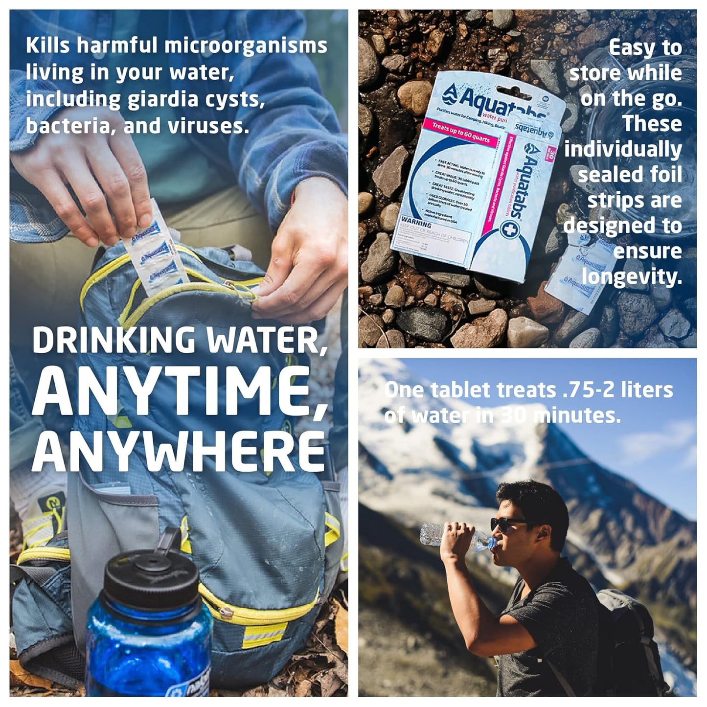 Aquatabs 49mg Water Purification Tablets (30 Pack). Water Filtration System for Hiking, Backpacking, Camping, Emergencies, Survival, and Home-Use. Easy to Use Treatment and Disinfection.