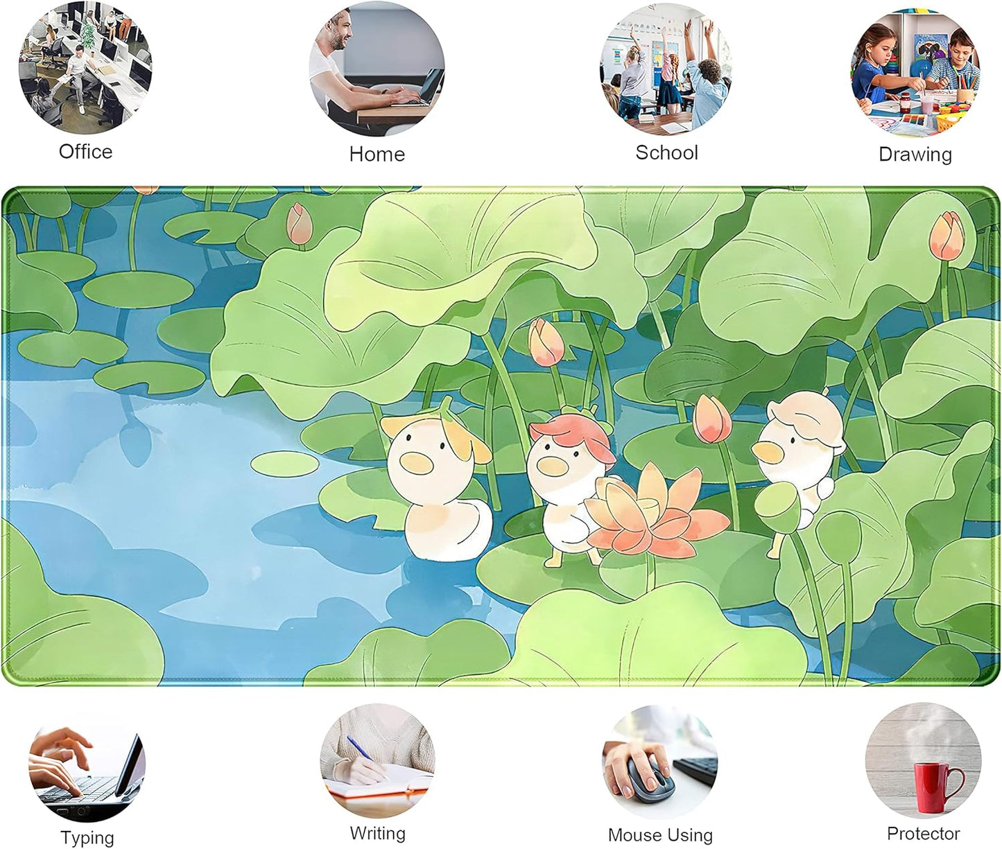 Green Cute Anime Desk Mat Kawaii Cartoon Ducks Gaming Mouse Pad XXL Large Anime Girl Gamer Mousepad Women Office Decor Desk Pad Aesthetic Lotus Leaf Laptop Keyboard Pad Computer Mat 31.5x15.75 in