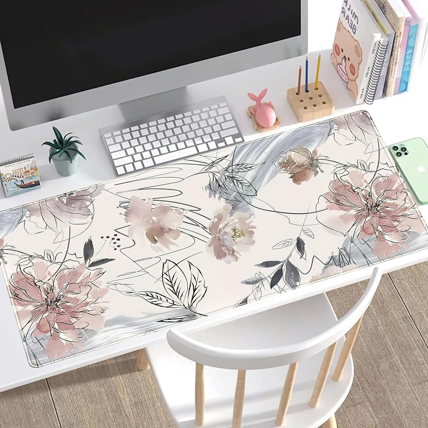 Desk Mat, Abstraction Hand Painted Flowers Extended Gaming Mouse Pad (31.5x15.75 in), Cute Large Non-Slip Rubber Base Mousepad with Stitched Edges, Keyboard Mouse Mat Desk Pad for Game Office