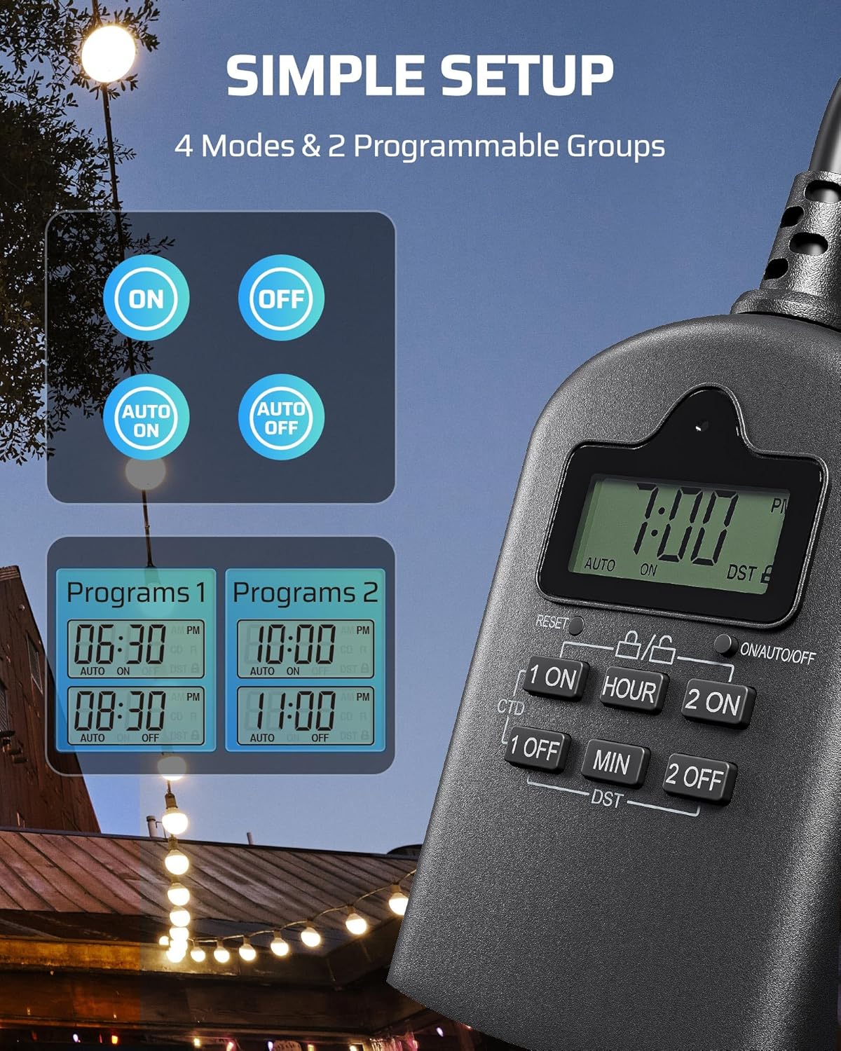 DEWENWILS Outdoor Timer Outlet Waterproof, Outdoor Digital Timer for Lights, Programmable with 2 Grounded Outlets, for Home and Garden, Halloween, 15A, 1/2HP, Heavy Duty, ETL Listed