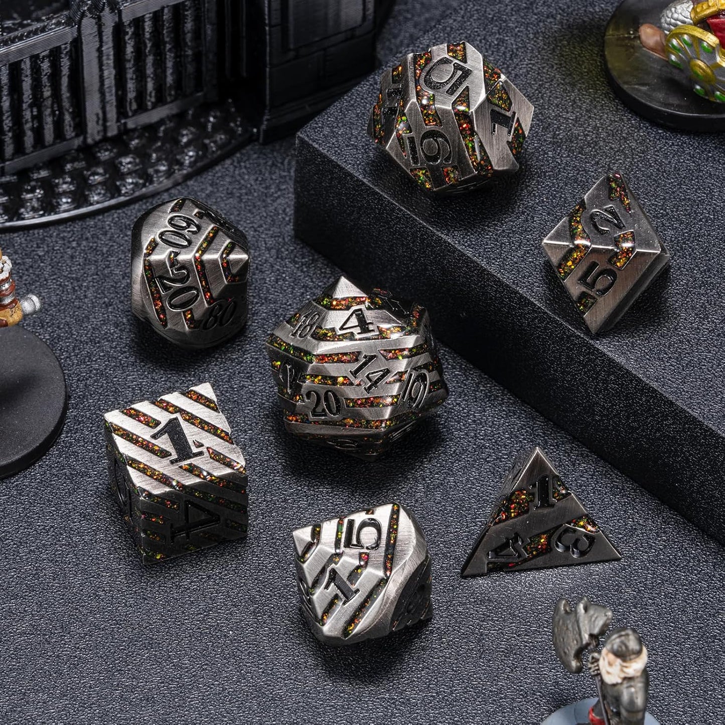 Anitque Metal Dice D&D,Metal Glitter Stripe Dice 7pcs Set with Gift Case,Polyhedral Dice for Role Playing Game (Antique Nickel Red)