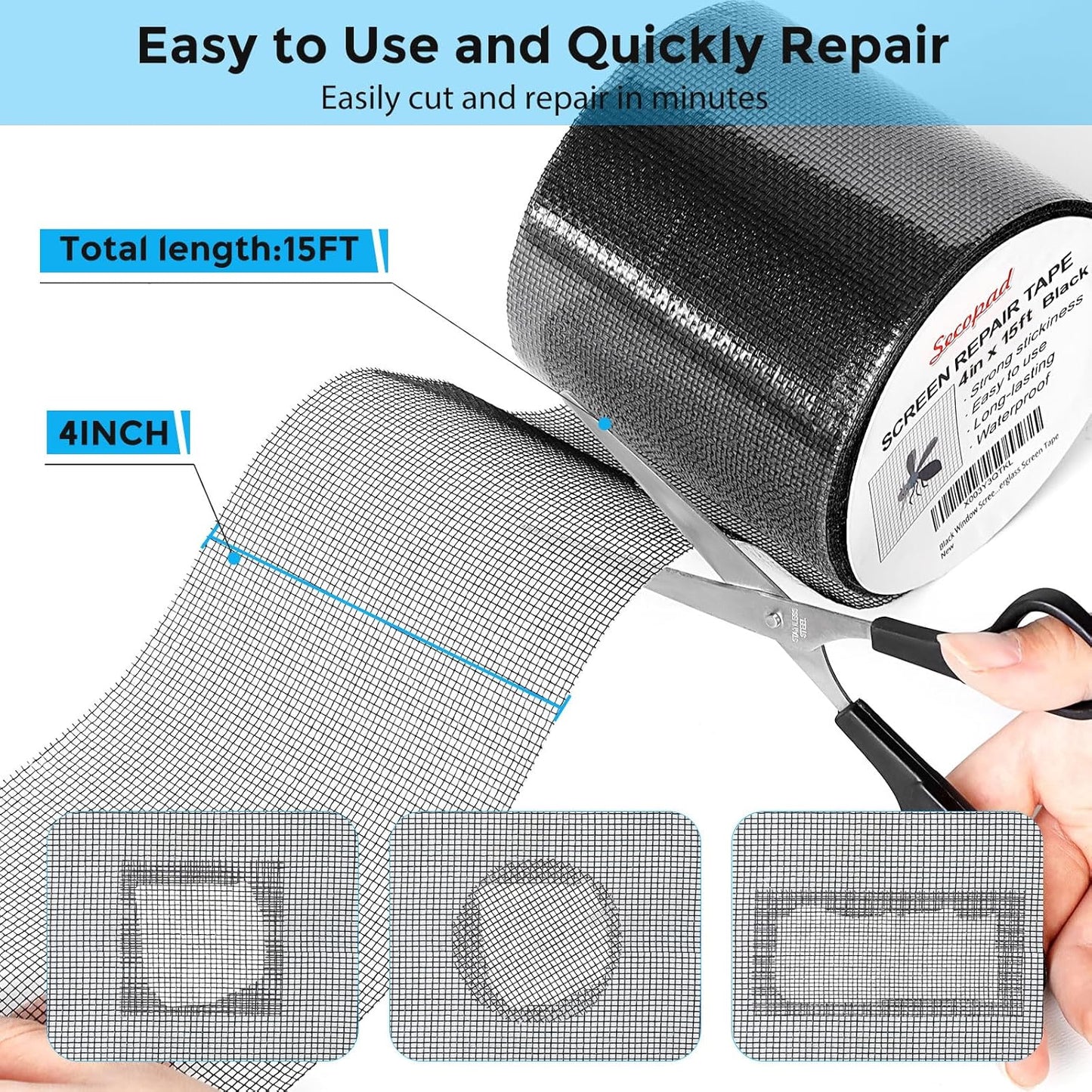 Black Window Screen Repair Tape, 4 in X 15 FT (180IN) Screen Repair Kit for Windows or Doors, Strong Adhesive Fiberglass Mesh Patch Tape