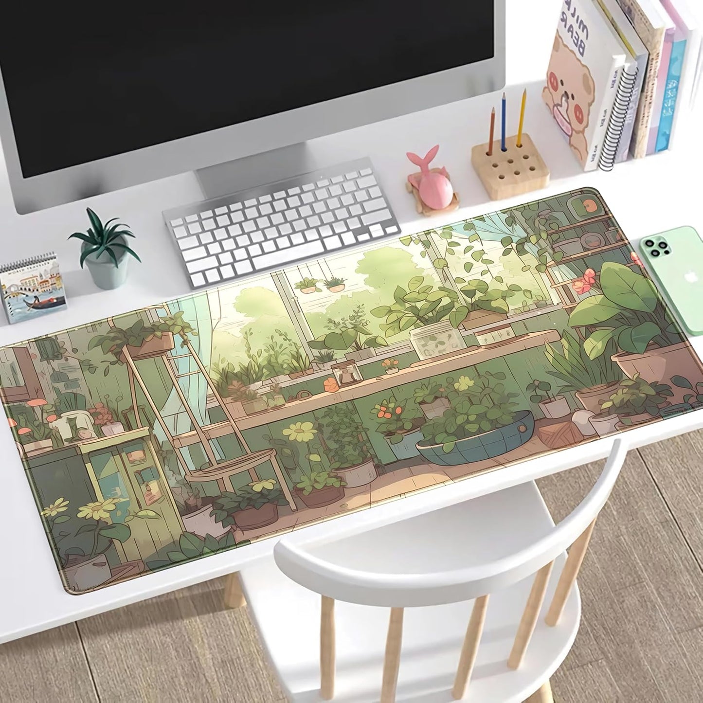 Cute Desk Mat Green Plants Gaming Mouse Pad XXL Large Extended Sage Laptop Keyboard and Mouse Mat with Stitched Edges, Computer Desktop Mat Playmat for Women Office Desk Decor Pad Mat 31.5x15.7 in