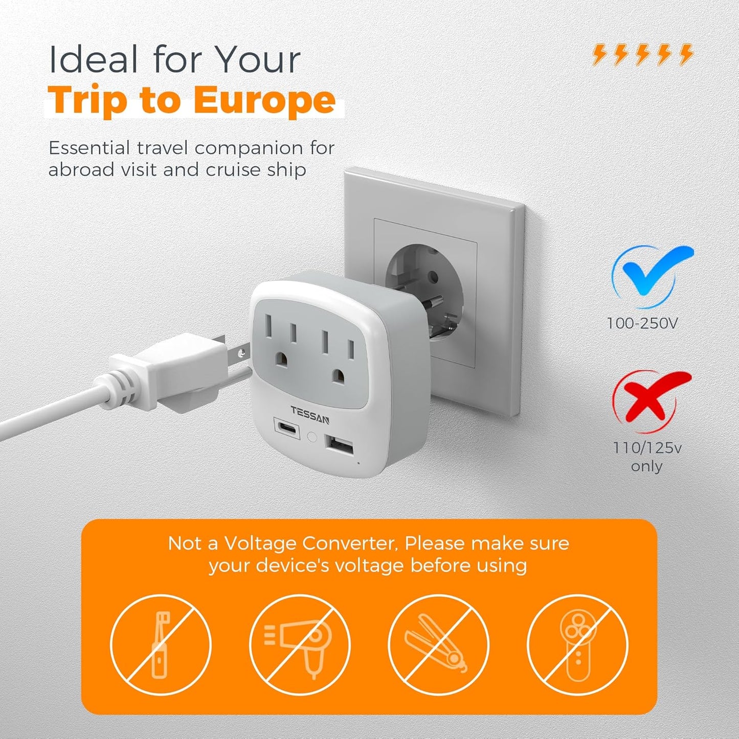 European Travel Plug Adapter, TESSAN Type C Adaptor with 2 Electrical Outlets 2 USB Ports (1 USB C), EU Power Adapter for US to Europe International Iceland Spain Italy France Germany Greece