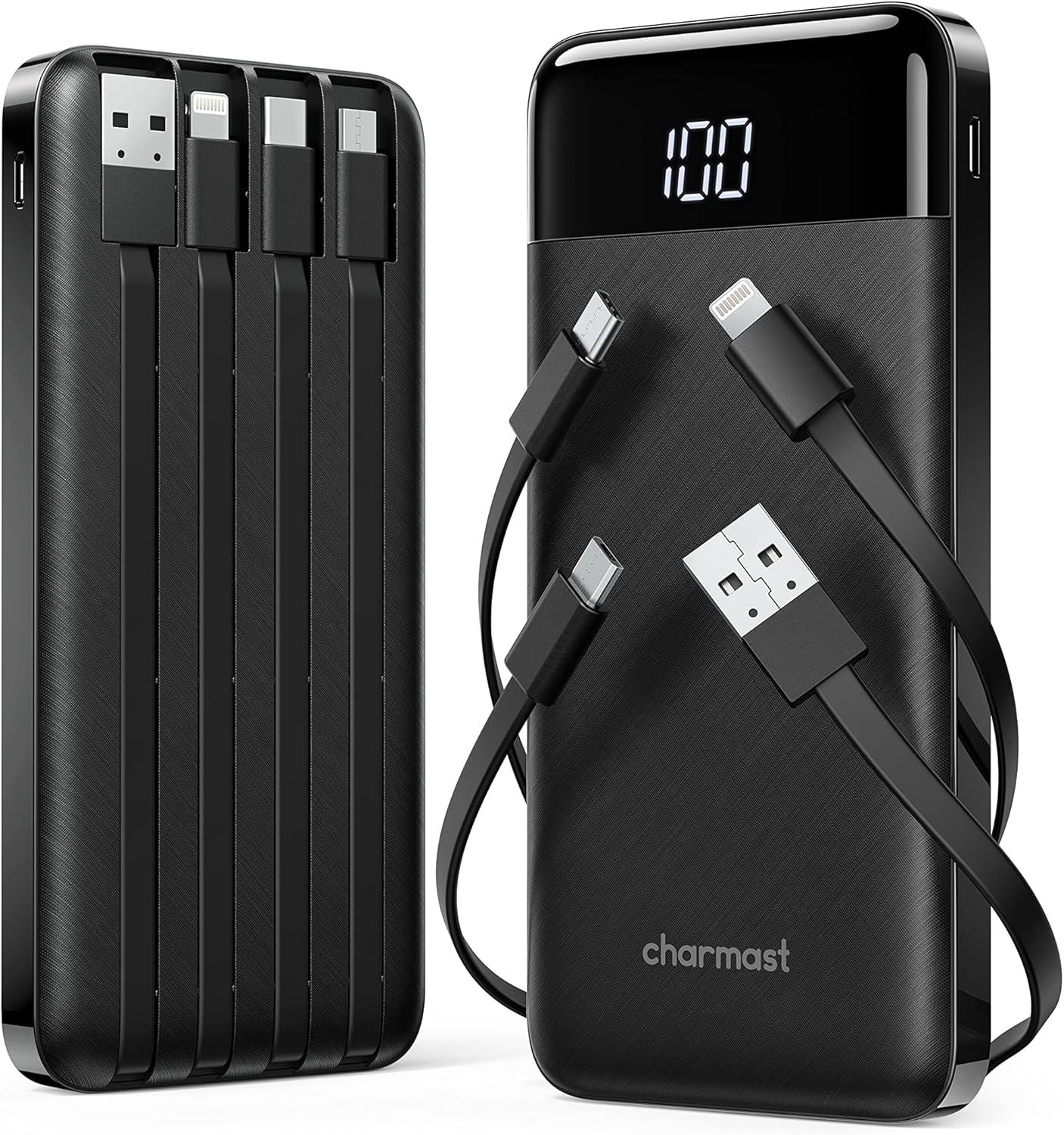 2 Packs Portable Chargers with Built in Cables, 2PCS Slim 10000mAh Travel Essentials Battery Pack 6 Outputs 3A Power Banks for iPhone Samsung Pixel LG Moto iPad