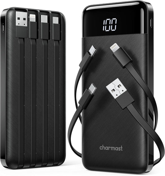 2 Packs Portable Chargers with Built in Cables, 2PCS Slim 10000mAh Travel Essentials Battery Pack 6 Outputs 3A Power Banks for iPhone Samsung Pixel LG Moto iPad