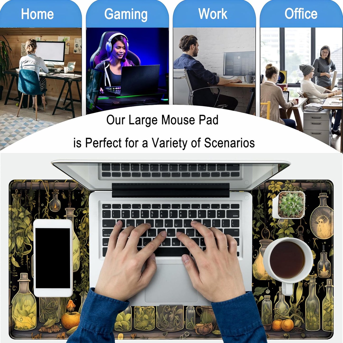 Desk Mat Green Plants Mouse Pad Gaming Mat Dark Keyboard Mat, Long Mouse Mat XXL Extended Desktop Mat Magical Bottles Computer Mats with Stitched Edges, Office Desk Accessory 31.5" x 15.7"