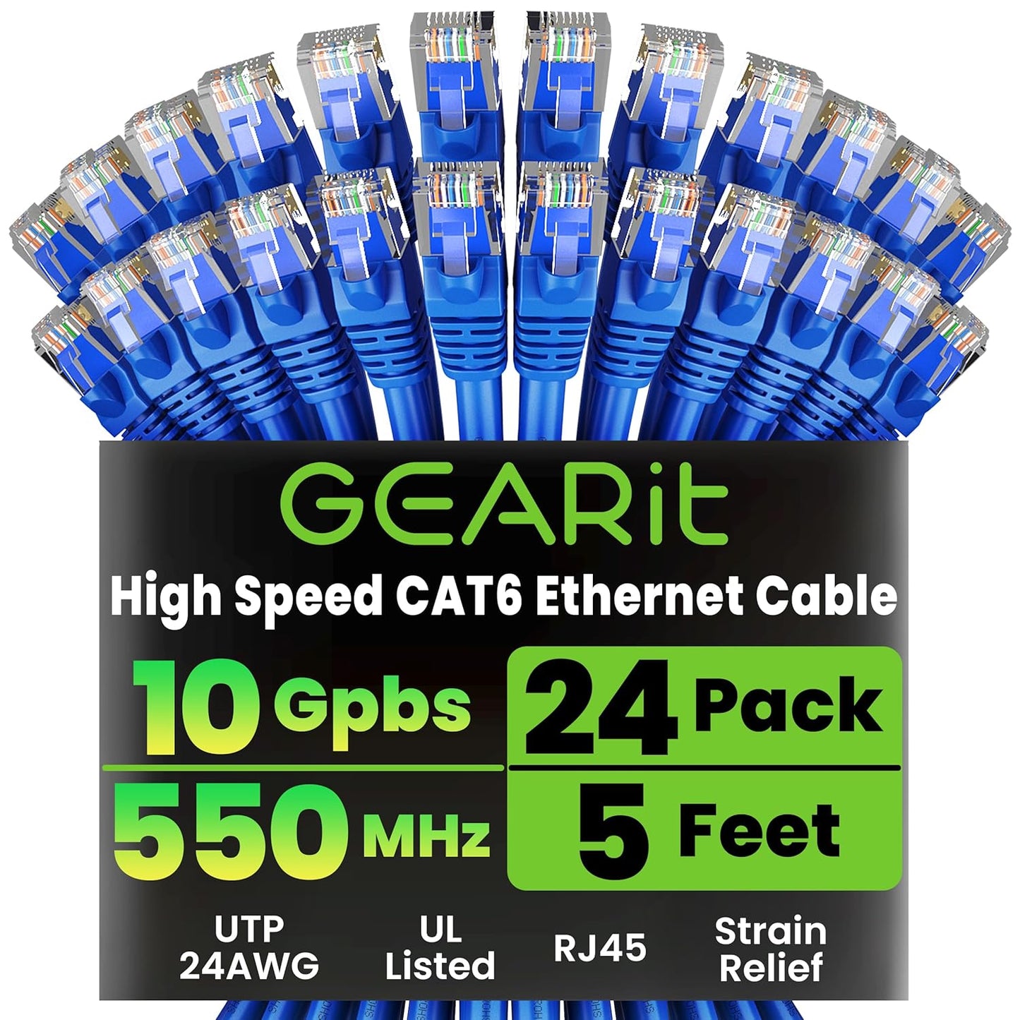 GearIT Cat 6 Ethernet Cable Pack - 24-Pack 5 ft Cat6 Ethernet Patch Cables | RJ45 Network Patch Cable, 10 Gbps Snagless Gold-Plated Connectors - Ethernet Cable Cat 6 for PC, TV, Router - Blue