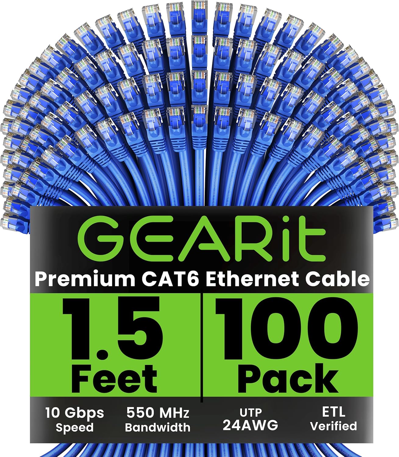 GEARit Cat 6 Ethernet Cable (100-Pack 1.5 Feet) Cat6 Network Patch, 10Gbps, RJ45, Snagless Cord, Gold-Plated Connectors, Internet for PC, TV, Tablet, Router, Printer, Servers, IT Data Center - Blue