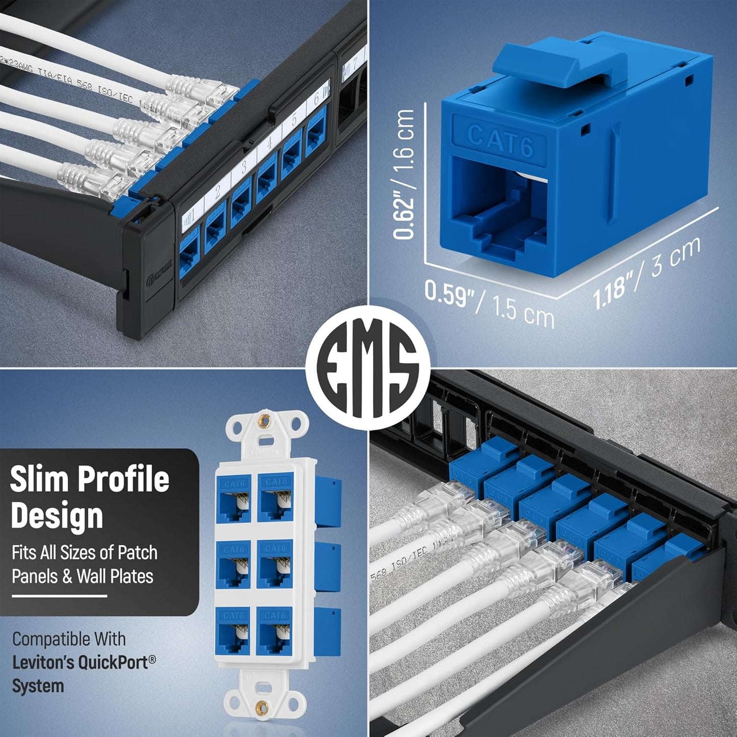 Everest Cat6 RJ45 Keystone Coupler (6-Pack) in Blue - RJ45 Coupler - Cat 6 Couplers - Female to Female Cat6 Keystone Jacks - Ethernet Couplers - Ethernet Cable Extender