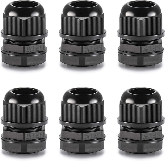 QILIPSU 6pcs 3/4" NPT Cable Gland Waterproof IP68 Nylon Cable Pass Through Cord Grip Connector Strain Relief Wire Grommet