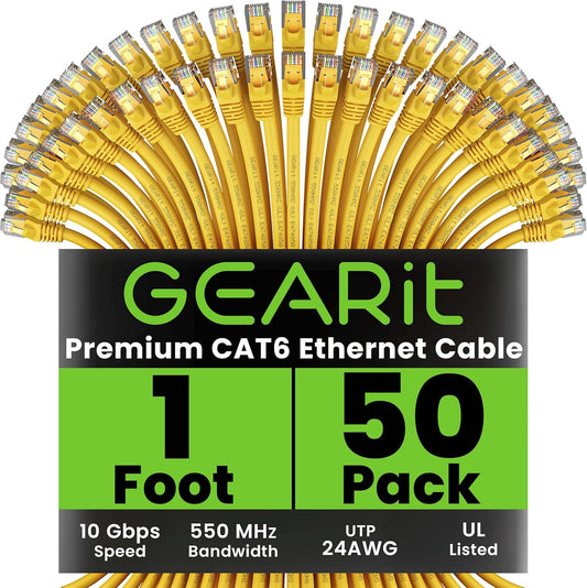 GEARit Cat 6 Ethernet Cable (50-Pack 1 Foot) Cat6 Network Patch, 10Gbps, RJ45, Snagless Cord, Gold-Plated Connectors, Internet for PC, TV, Tablet, Router, Printer, Servers, IT Data Center - Yellow