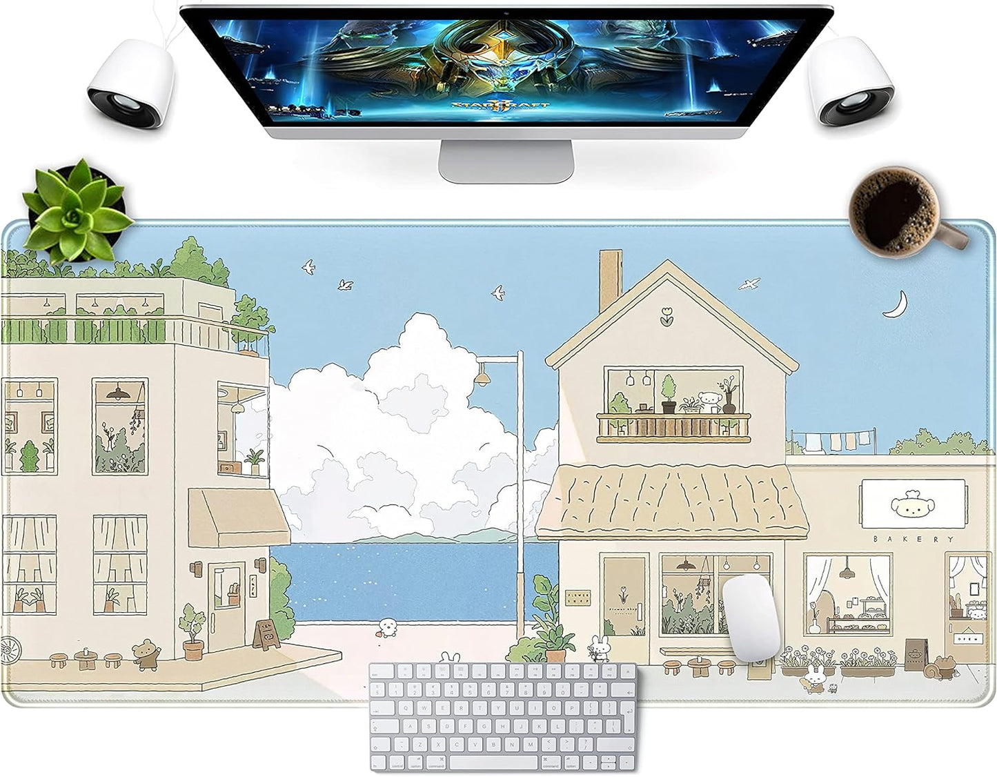 Cute Desk Mat Kawaii Mousepad Japanese Street Mouse Pad, Blue and Brown Cute Anime Keyboard Mat 31.5"x15.75", Large Mouse Pad XXL Gaming Desk Pad XL Office Decor for Women Girls Laptop Keyboard Pad