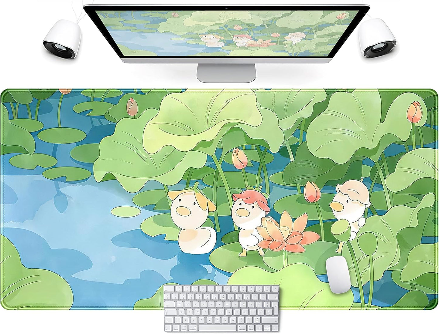 Green Cute Anime Desk Mat Kawaii Cartoon Ducks Gaming Mouse Pad XXL Large Anime Girl Gamer Mousepad Women Office Decor Desk Pad Aesthetic Lotus Leaf Laptop Keyboard Pad Computer Mat 31.5x15.75 in