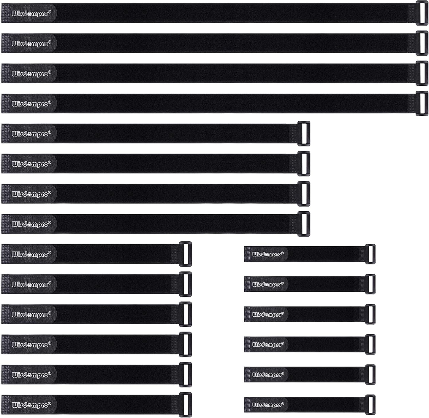 20 Pack (8 12 18 24 Inches) Hook and Loop Reusable Fastening Cable Tie Down Straps by Wisdompro - Reusable, Durable Functional Ties to Keep Your Home, Office, Workspace from Tangled Messes of Cords
