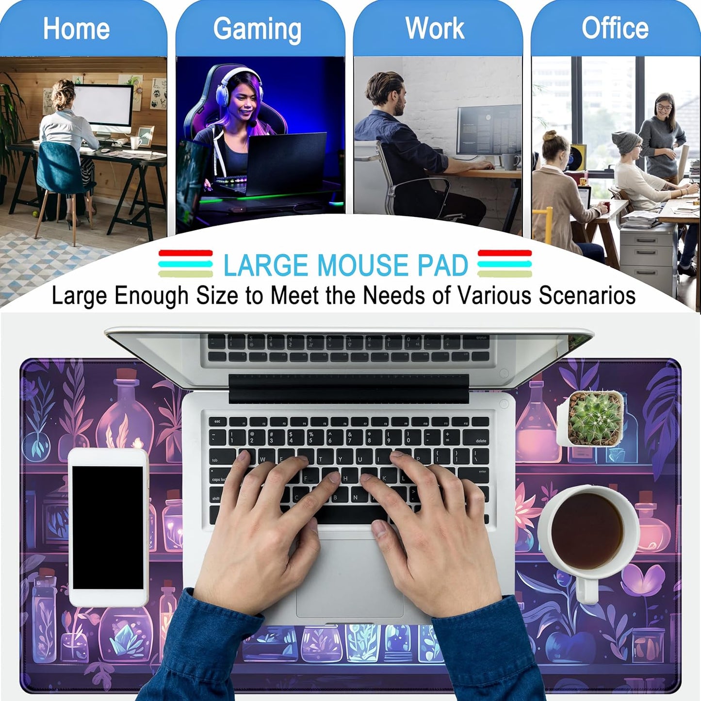 Cute Cozy Purple Gaming Desk Mat, Mystical Potion Bottles Mouse Pad XXL Large Extended Aesthetic Apothecary Shelf Desk Pad, Fun Computer Desktop Pad Mat Laptop Keyboard and Mouse Mat 31.5x15.7 in